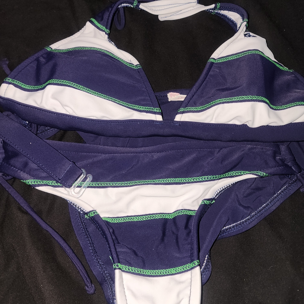 Navy & White Striped Triangle Bikini with Green Stitching - Picture 8 of 8